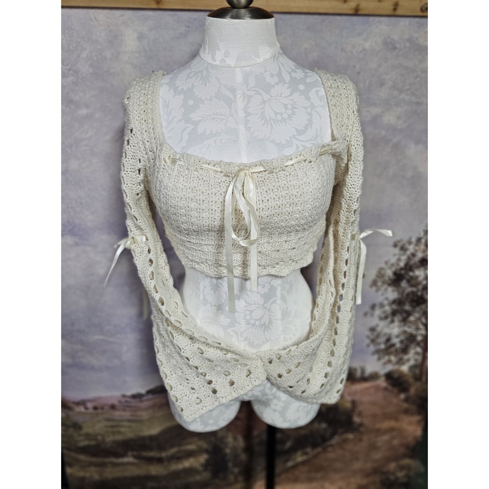 Kawaii Summer Crochet Solid Color Hollow Knit Cropped Sweater, School Sz 4 Small - Picture 2 of 13
